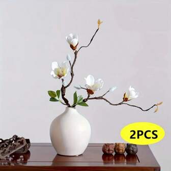 2 束 16.5 英寸人造木兰花 - 适用于家庭、酒店、餐厅、酒吧、花园和阳台装饰 | 非常适合母亲节、情人节礼物、季节性春季装饰，由塑料制成，无需电源