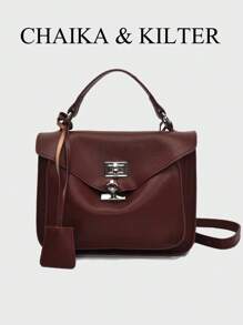 1 件 CHAIKA & KILTER 纯色 PU 皮革手提包，女士时尚手提方形包，带扭锁开合，顶部手柄挎包配有可拆卸可调节肩带，适合日常和街头穿着（随吊坠出售） - 酒紅色 - 查看 1