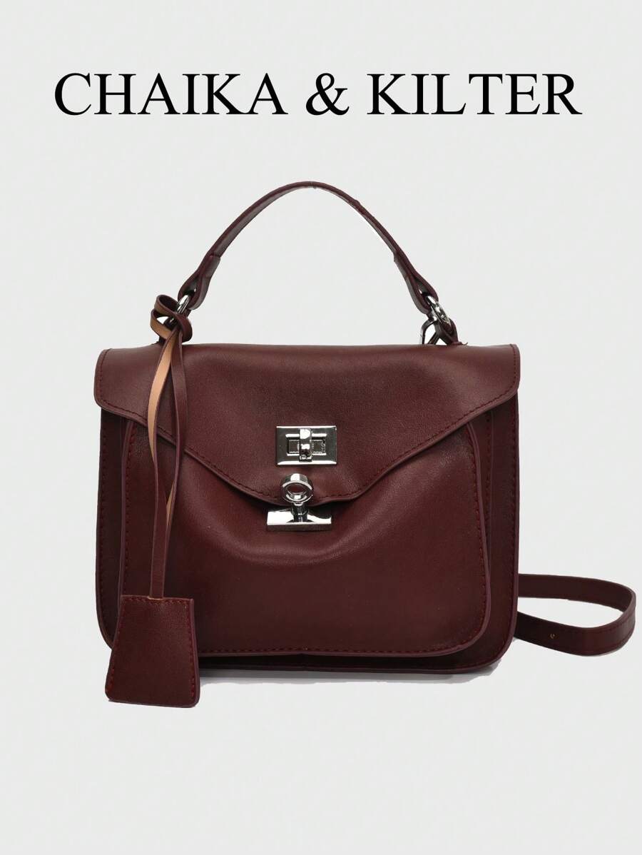 1 件 CHAIKA & KILTER 纯色 PU 皮革手提包，女士时尚手提方形包，带扭锁开合，顶部手柄挎包配有可拆卸可调节肩带，适合日常和街头穿着（随吊坠出售） - 酒紅色 - 查看 1