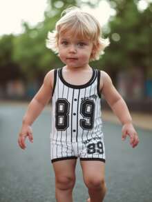 Conjunto de 2 piezas de ropa para bebé niño - Top sin mangas con estampado de letras a rayas y shorts casuales, conjunto de ropa deportiva