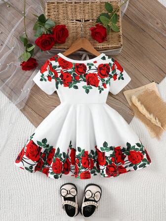 Vestido de manga corta y cuello redondo con estampado floral de rosa, casual, cómodo y lindo, adecuado para exteriores, picnics, fiestas, regalo