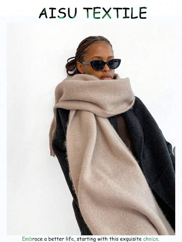 1pc Women's Fuzzy Long Scarf With Tassel For Winter Solid Sky Blue Color Big&Thick Wrap Oversize Warm Blanket Scarf