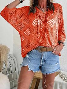 Plus Size Hollow Out Loose Fit Pullover Knit Top, Suitable For Summer Vacation