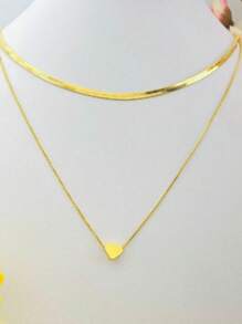Colar Feminino Corrente Dupla Laminado Fileira Com Coração Luxo Folheado Ajustável Choker - Dourado - Visão 3
