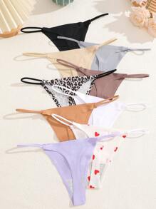 9pcs/Set Women Breathable Low-Rise G-String Panties, Featuring Heart & Leopard Print, Sensitive Waistband, Seamless Bikini Briefs, Sexy Lingerie - Multicolor - View 2