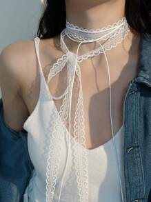 2pcs/Set Women's Sweet Lace Ribbon Layered Design Necklace, Versatile Choker, Elegant Clavicle Chain & Long Chiffon Scarf Suitable For Various Occasions