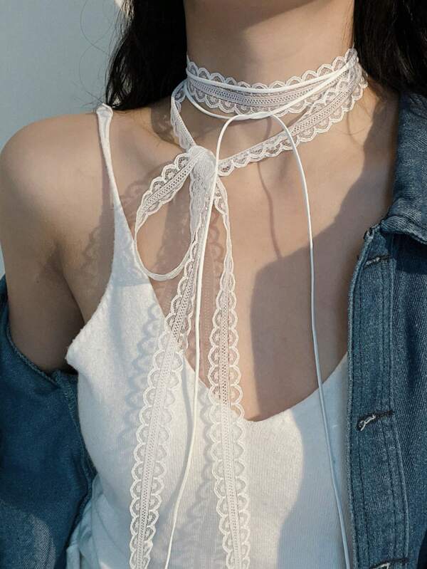 2 Stücke/Set Damenkette mit süßem Spitzenband in Schichten-Design, vielseitiger Choker, elegante Schlüsselbein-Kette & langer Chiffon Schal, geeignet für verschiedene Anlässe