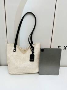 Women Simple Woven Patchwork Color Block Shoulder Tote Bag, Resort Element Beach Bucket Bag - Black - View 7