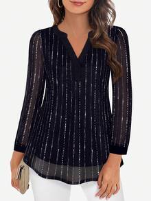 CheersLife 大码女式七分袖V领休闲衬衫，双层网纱腰部系带上衣 - 黑色 - 查看 2