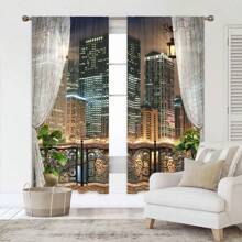 2 Pieces Of City Night Curtain, Simulate High-Rise Balcony Landscape, 3D Printing Sunshade, Suitable For Living Room, Bedroom, Study, Office. Hanging Modern Cityscape Curtain, Balcony Railing Night Scene Pattern, Translucent Sunshade, Easy To Install. 3D City Night Curtain, High-Rise Lighting Balcony View, Create A Romantic Atmosphere. - Màu xanh lam - Xem 2