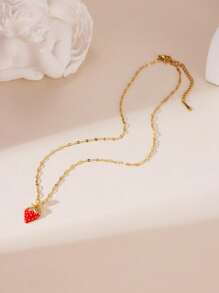 1pc 18K Stainless Steel Oil-Drop Strawberry & Cherry Zirconia Necklace, Elegant Jewelry Accessory For Women, Suitable For Daily Wear And Gatherings