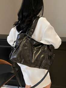 Retro Minimalist Large Capacity Fashion Student/Work Commute Tote Bag, Vintage Bag For Women, New Fashionable Big Bags For Women, New Arrival Tote Bags For Woman - Dark Grey - View 9