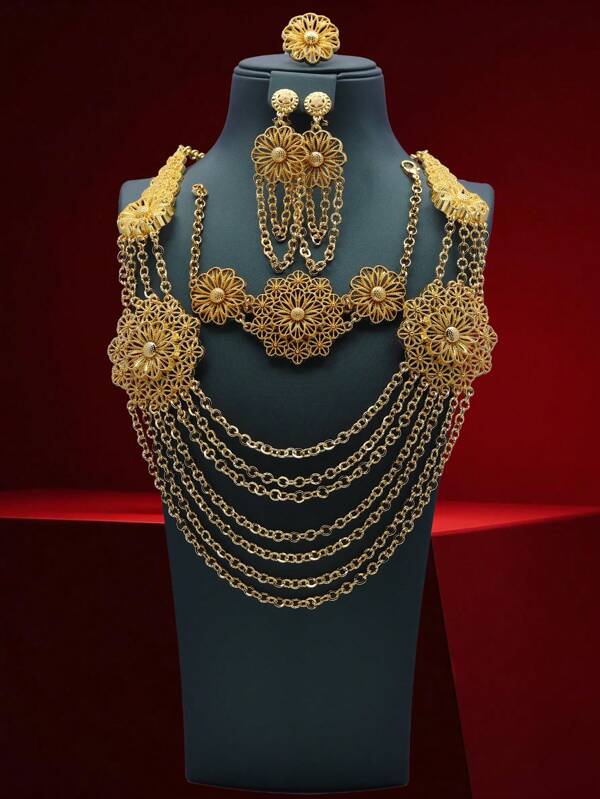 4pcs Luxury Jewelry Set, Including Vintage Necklace, Earrings, Ring, Bracelet, Zinc Alloy, Suitable For Party, Gift, All-Season Wear
