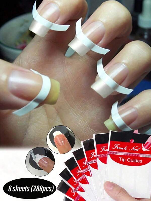 6 Feuilles (288 Pièces) Bandes Autocollantes Pour Nail Art Français Avec Motif Circulaire Ondulé Et Modèle D'application De Vernis À Ongles Et De Paillettes Pour Créer Des Manucures Françaises Sans Débordement