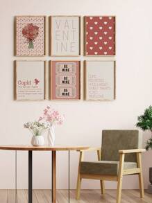 6 件粉色花朵挂画 Be Mine 门票海报印刷心形客厅墙壁艺术红色丘比特挂画现代墙壁印刷酒吧推车墙壁装饰学院风房间装饰