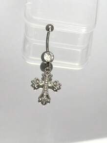 1 pieza Anillo de ombligo de acero inoxidable con cruz de pedrería a la moda, apropiado para el uso diario y como regalo para novio/novia