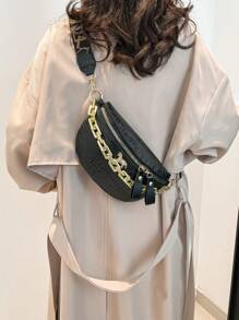 新款时尚休闲女包，亚克力链条一体式腰包，复古百搭鳄鱼纹胸包 - 黑色 - 查看 10