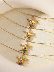 Elegant Stainless Steel Cubic Zirconia Starfish Pendant Necklace, 18K Gold-Plated Anti Fading Faux Pearl Necklaces For Women, Golden Waterproof Jewelry Beach Vacation Accessories, Gifts For Mom/Best Friend/Daughter