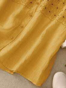 Women's Loose Fit Embroidered Semi-Sheer Short Sleeve Blouse, Spring/Summer - Yellow - View 6