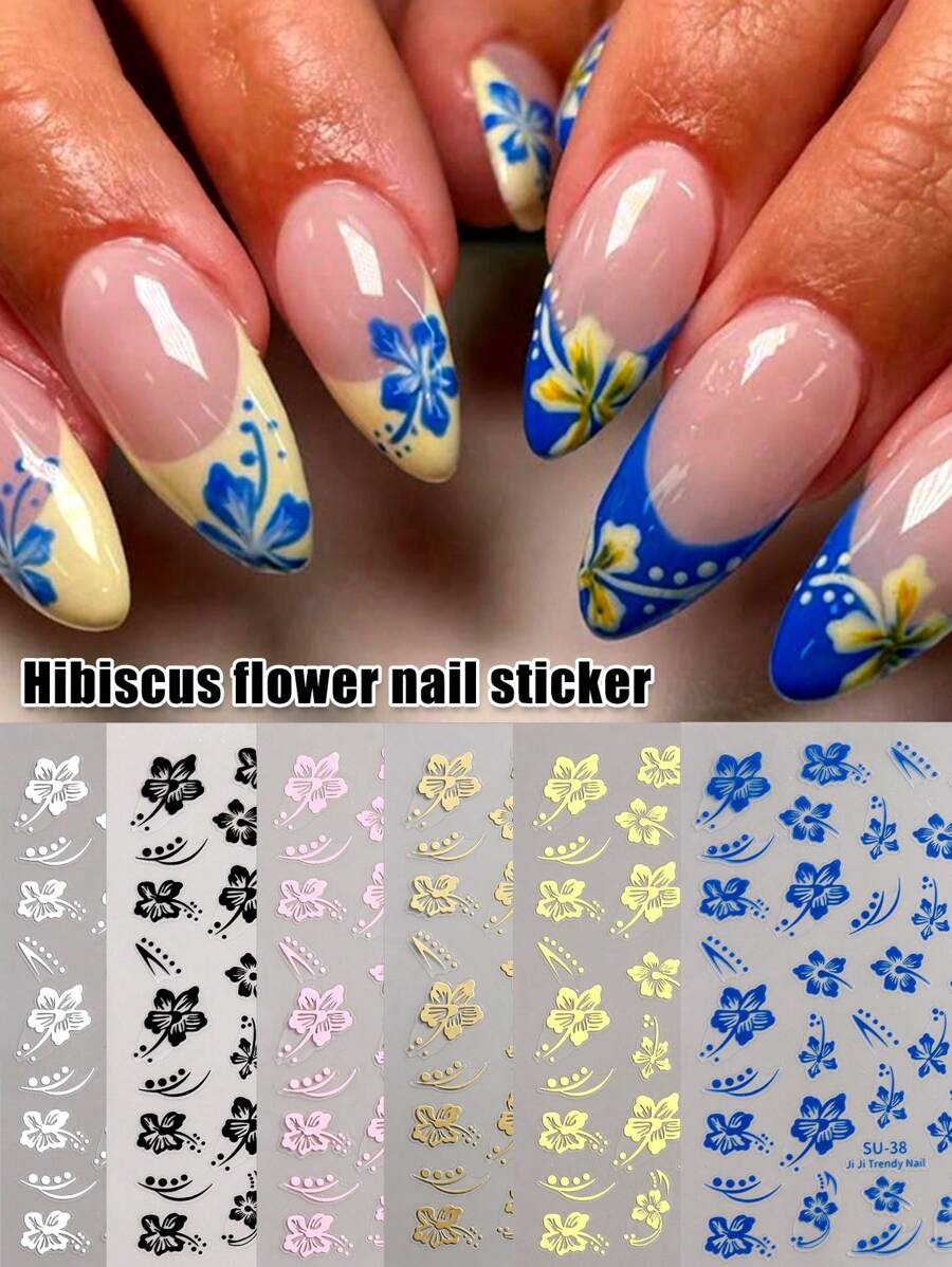 芙蓉花指甲贴纸，芙蓉花指甲贴花 3D 自粘白色粉色彩色夏威夷花卉指甲贴纸樱花指甲设计夏季装饰美甲