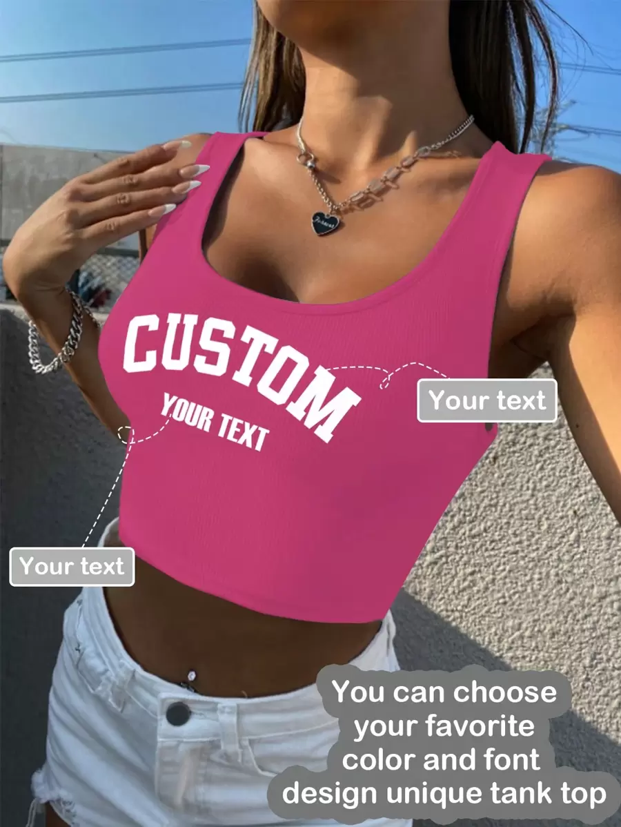 Quà tặng cá nhân hóa, Áo tank top ngắn nữ tùy chỉnh, có thể thêm chữ (câu nói/cụm từ/tên/số/khẩu hiệu, v.v.) - Màu Hồng Tươi - Xem 1