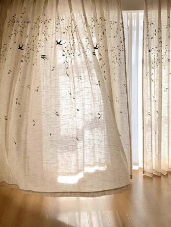 1 Pc Song Dynasty Aesthetic Linen Sheer Curtains, New Chinese-Style Willow And Swallow Embroidered Drapes, Zen-Inspired Classical Window Treatment For Study And Living Room