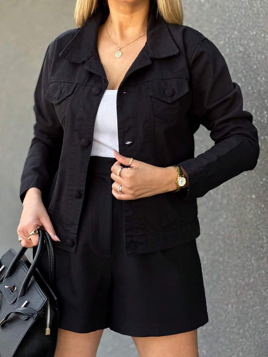 Women's Denim Jacket With Hem Detail 008 - PRETO 008 - 查看 1