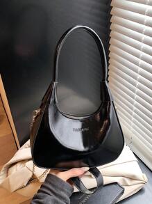 1pc Solid Color Emboss Letter Crescent Moon Bag, PU Material Handbag With Metal Chain Crossbody, Zipper Closure, Elegant Women Shoulder Bag Suitable For Daily, Dating, Shopping, Party, Gift - Black - View 1