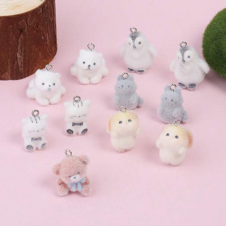 2 件装树脂植绒可爱熊企鹅兔子猫吊坠 DIY 珠宝配饰 - 彩色 - 查看 4