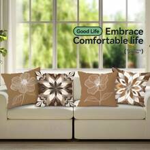 4pcs Brown Line Floral Print Set - Single-Sided Printed Throw Pillow Cover 45*45cm, Peach Velvet