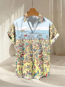 Camisa casual de manga corta con estampado de tiburón para hombres, ideal para el verano y las vacaciones en la playa