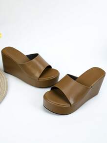 Brown Thick Sole Slip-On Wedge Sandals For Women, New Spring/Summer Platform Chunky Slides, Simple Strap Casual Thick Bottom Round Toe PU Outdoor Slippers, Fashion Large Size,Travel Essential - Brown - View 7