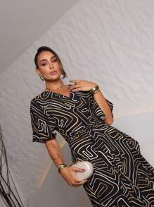Printed Wrap Dress With Tie - Blanco y Negro - Ver 3