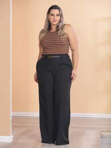 Plus Size Fashion Long Pants Without Belt And Pockets - Black - View 4