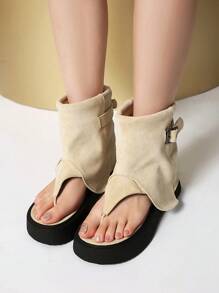 全新厚底人字拖凉鞋 女士高跟短靴 夏季性感踝靴 - 米色 - 查看 2