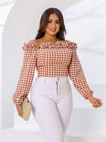 Women's Plaid Blouse Cropped Plaid Top Long Sleeve Ruffle Fits 38/42 Winter - 米色 - 查看 2