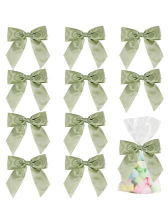12 件绿色 3.5 英寸扭结蝴蝶结，用于糖果袋，粉色缎带蝴蝶结，用于礼品包装，预制蝴蝶结，用于工艺品、派对礼品、婚礼、淋浴装饰