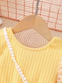 Young Girl Short Sleeve Bubble Texture Knit Crossed Back Jumpsuit With Bag - Yellow - View 3