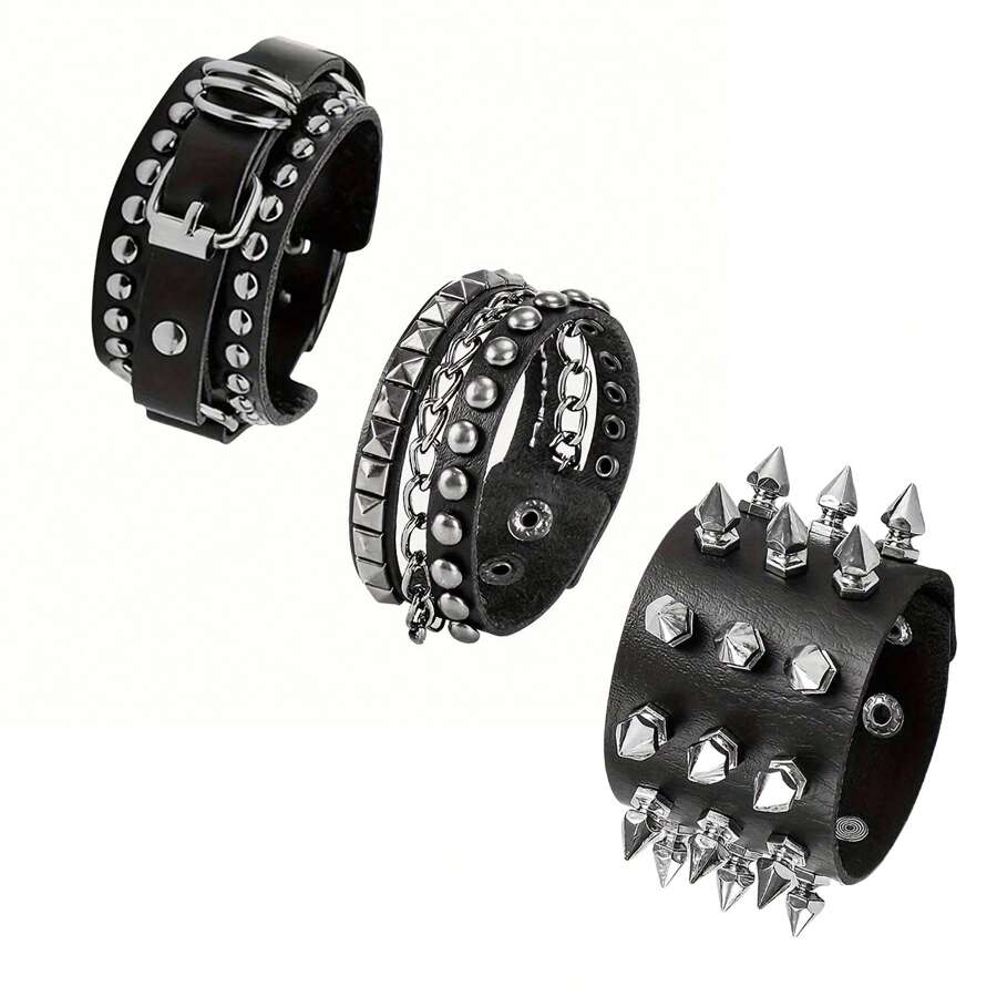 QYDCX 3Pcs/Set Unisex Black Metal Spike Studded Punk Rock Biker Wide Strap Leather Bracelet, Gothic Rivet Buckle Wristband - Bracelet Three Piece Set - View 1