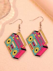 1 Pair Vintage Acrylic Magenta Radio & Cassette Tape Minimalist Design Earrings For Women