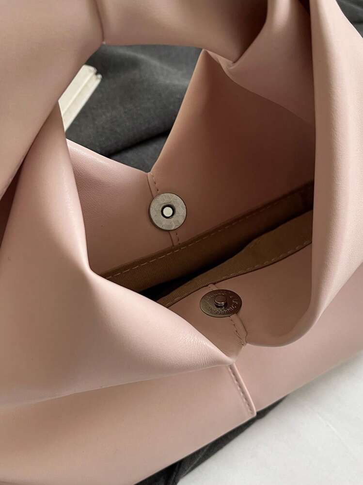 1pc Light Pink Soft PU Leather Twist Pleated Handbag, Simple Style Patchwork Women's Tote Bag For Office Work - Pink - View 5