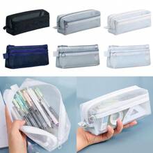 1 Pc Large Grid Mesh Pencil Case Compartment Pen Bag Clear Handheld Multifunction Pencil Pouch Stationery Transparent Makeup Bag - Multicolor - View 9