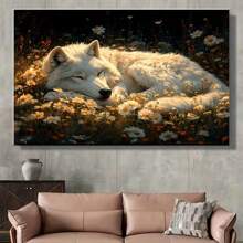 1Pc Wooden Frame The Wolf Sleeps Quietly Canvas Painting, Ready To Hang, Thickness 2.25cm/0.9 Inch High Quality Wall Painting Art Print Poster Wall Decoration, Suitable For Bedroom Bathroom Living Room, New Year Halloween Christmas Christmas Christmas Birthday And Holiday Gift