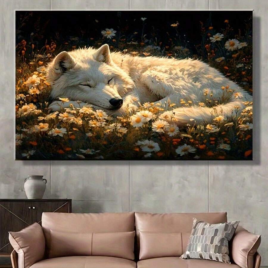 1Pc Wooden Frame The Wolf Sleeps Quietly Canvas Painting, Ready To Hang, Thickness 2.25cm/0.9 Inch High Quality Wall Painting Art Print Poster Wall Decoration, Suitable For Bedroom Bathroom Living Room, New Year Halloween Christmas Christmas Christmas Birthday And Holiday Gift