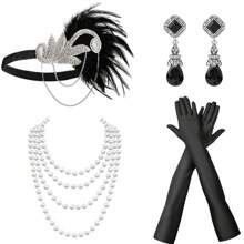 6pcs 1920s Women's Elegant & Sexy Party Decoration Accessories Set, Includes Headband, Gloves, Hand Decor, Earrings, Necklace, High-End Retro Style For Costume Parties - A - View 3
