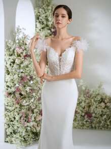 Wedding Dresses White Off The Shoulder Contrast Lace Satin Mermaid Western Bridal Shower Dress Elegant Wedding Dresses For Bride With Train