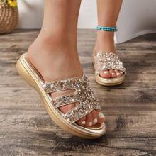 2025 New Women Slippers Fashion Slip-On Thick Platform Wedge Sandals, Glitter Strap Open Toe Beach Hollow Slippers Large Size 43 EU, Comfortable Mother Shoes