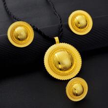 3-Piece Golden Color Jewelry Set: Round Bar Style Earrings, Ring, Necklace Combo, Women Gift For Gathering, Birthday Party