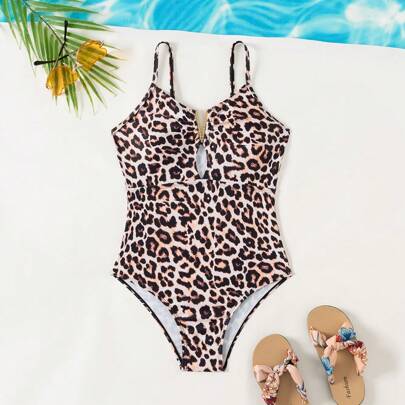 Tween Girl Leopard Print Spaghetti Strap One-Piece Swimsuit, Cute V-Neck Design