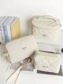 1Pc/Set Beige Quilting Makeup Bag With Soft Texture, Vintage Large Capacity Cosmetic Bag&Travel Organizer Handheld, Minimalism Cozy Foam Toiletry Big Set, Lightweight Fluffy Makeup Pouch, Home Decor, Delicate Gift For New Semester, Spring/Early Summer, Anniversary, Vacation, Trip, Back To School, Makeup Case, New Style In 2025.